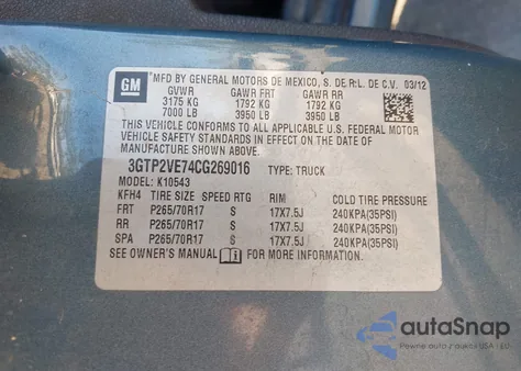 2012 GMC Sierra 1500 Sle z USA, uszkodzony, nr VIN 3GTP2VE74CG269016